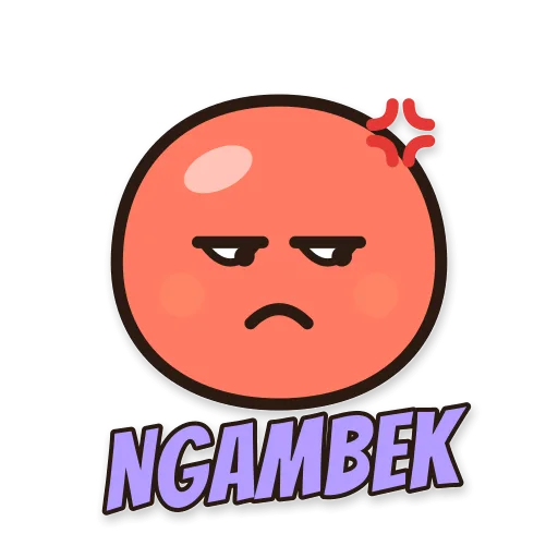 Karakter bulat merah ngambek, tulisan NGAMBEK