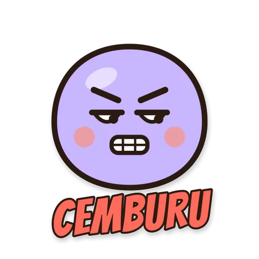 Karakter bulat ungu cemburu, tulisan CEMBURU