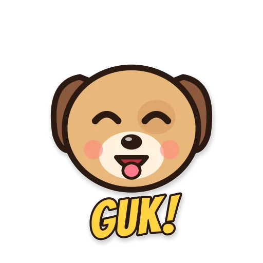 Anjing cokelat tertawa, tulisan GUK!