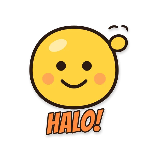 Karakter bulat kuning melambai, tulisan HALO!