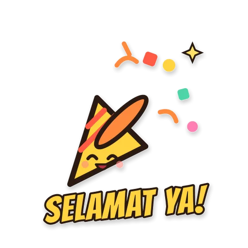 Terompet konfeti meledak, tulisan SELAMAT YA!