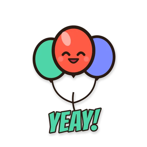 Tiga balon warna-warni, tulisan YEAY!