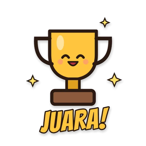 Piala emas tersenyum, tulisan JUARA!