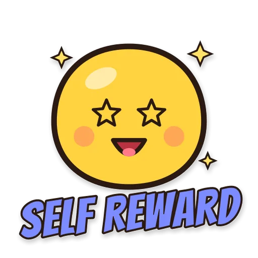 Karakter bulat bermata bintang, tulisan SELF REWARD